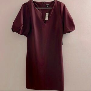 💃 Express NWT Burgundy V-Neck Puff Sleeve Dress | Size Medium